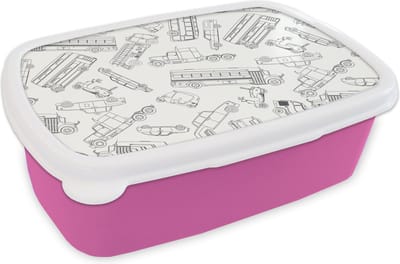 Broodtrommel Roze - Lunchbox - Brooddoos - Patronen - Auto - Vrachtwagen - 18x12x6 cm - Kinderen - Meisje