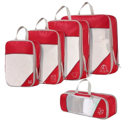 Set van 5 compressiezakken voor op reis, uitbreidbaar, scheurvast en waterdicht, geschikt voor het opbergen van kleding op reis en thuis, rood.