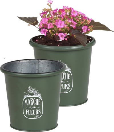 Sunnydays /plantenpot/bloempot - 2x - zink - legergroen - D14 x H13 cm