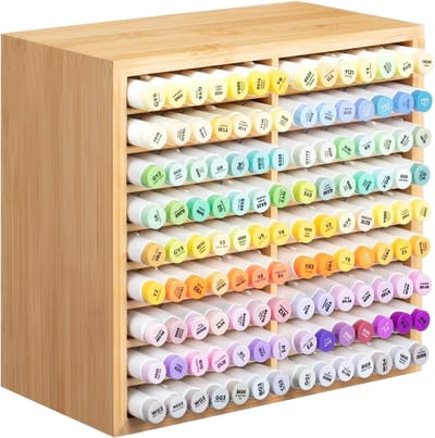 Famanu – Bamboe marker organisator – houten bureauopslag voor 124 markers + pennen – alles-in-één op