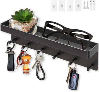 6 haakjes wand-sleutelhanger, eenvoudig te installeren, geschikt voor entree, gang en kantoor, zwart sleutelkastje met 2 bevestigingsmethodes