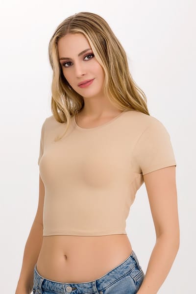 Crop Top Dames en Meisjes ilke® - Met Korte Mouwen - Ronde Hals - Beige - XS