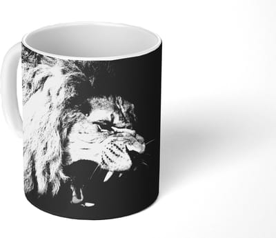 Mok - Koffiemok - Leeuw - Portret - zwart - Wit - Dieren - Mokken - 350 ML - Beker - Koffiemokken - Theemok
