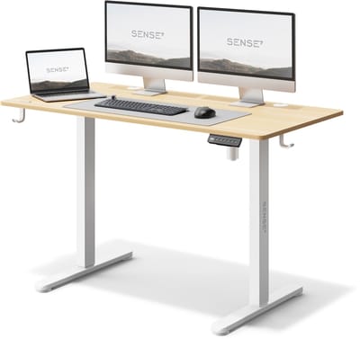 SENSE7 NOJO - Zit Sta Bureau - Elektrisch Verstelbaar - 120 x 60 cm - Computerbureau - Gamingbureau - Elektrische Hoogteverstelling - Geheugenfunctie - Hoofdtelefoonhouder - Kabelopbergsysteem - Wit / Lichtbruin