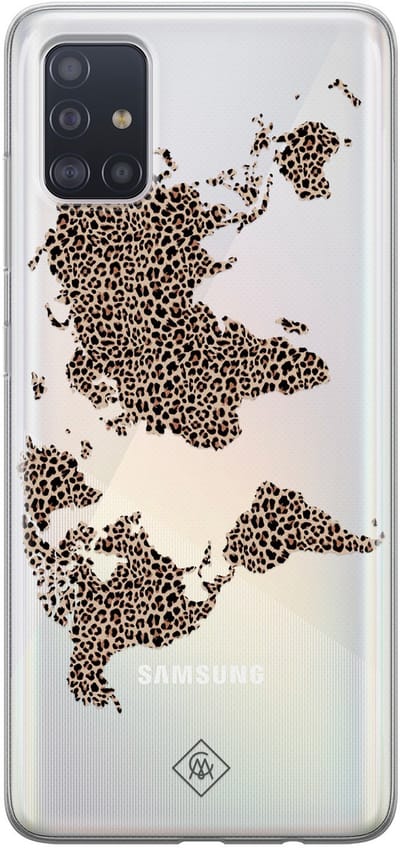 Casimoda® hoesje - Geschikt voor Samsung A51 - Wereldkaart blauw luipaard - Backcover - Siliconen/TPU - Bruin/beige