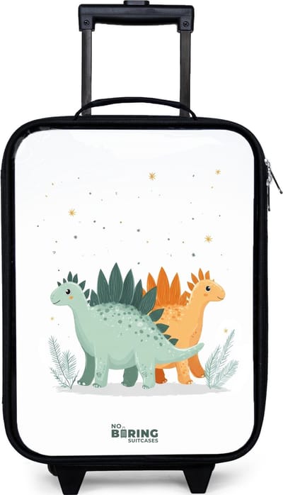 NoBoringSuitcases.com® - Kinderkoffer jongen - Kindertrolley meisje - Stegosaurusduo onder sterrenregen - Koffer kind lichtgewicht - Reiskoffer trolley voor kinderen - Koffertje met lichtgevende wieltjes - Rolkoffer zwart