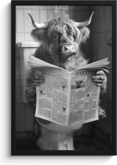Poster in lijst - Fotolijst 40x60 cm - Posters - Schotse hooglander - Koe - Krant - WC - Zwart wit - Posterlijst zwart - Wanddecoratie badkamer - Muurdecoratie WC - Decoratieve accessoires - Toilet muur decoratie