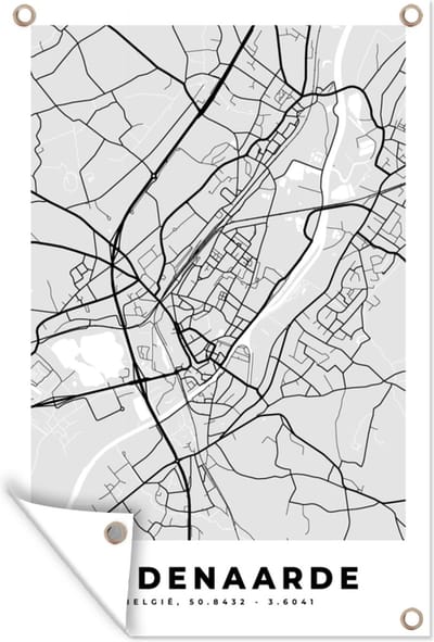 Muurdecoratie Zwart Wit – België – Plattegrond – Stadskaart – Kaart – Oudenaarde - 120x180 cm - Tuinposter - Tuindoek