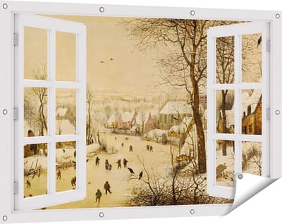Gards Tuinposter Doorkijk Winterlandschap met Schaatsers en Vogelknip - Pieter Bruegel de Oude - 120x80 cm - Tuindoek - Tuindecoratie - Wanddecoratie buiten - Tuinschilderij