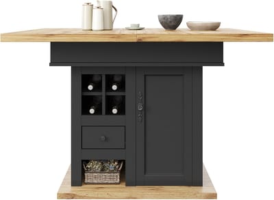 Zwart MDF Uitschuifbare Eettafel Met Opslag En Wijnrek 110-140x80cm Voor 4-6 Personen