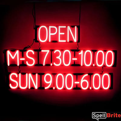 OPEN M-S 7.30-10.00 SUN 9.00-6.00 - Lichtreclame Neon LED bord verlicht | SpellBrite | 107 x 60 cm | 6 Dimstanden - 8 Lichtanimaties | Reclamebord neon verlichting