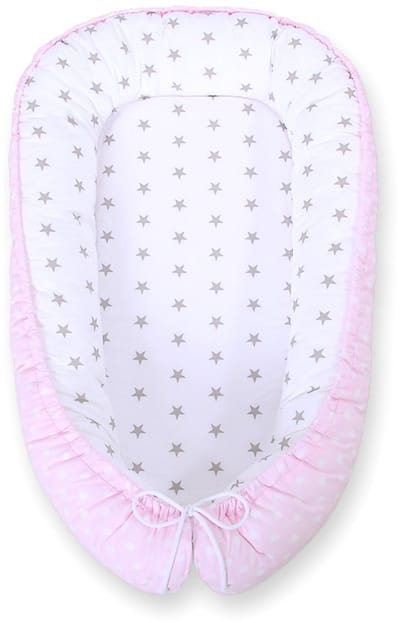 Babynest dubbelzijdig Premium Cocoon voor baby's BOBONO - stippen op roze/grijze sterren
