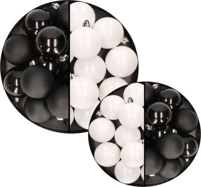 36x stuks kunststof kerstballen zwart en wit 6 en 8 cm - Kerstversiering/kerstboomversiering