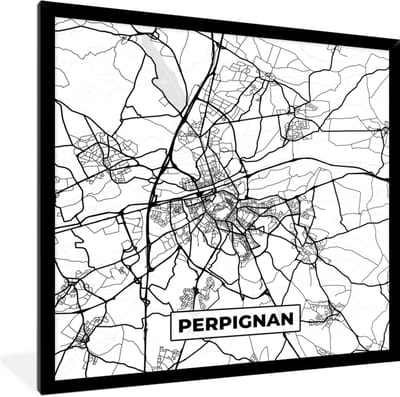 Fotolijst incl. Poster Zwart Wit- Frankrijk - Plattegrond - Perpignan - Stadskaart - Kaart - Zwart wit - 40x40 cm - Posterlijst