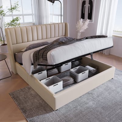 Sweiko Hydraulisch Tweepersoonsbed 160x200cm, Houten Lattenbod, Bed met Metalen Frame Lattenbod, Linnen, Beige