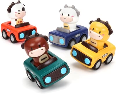 4 Stuks Druk & Ga Boerderij Dier Wrijvingsauto Speelgoed voor Peuters - Cartoon Boerderijdieren Voertuig Speelset - BPA Vrij Montessori Vroegonderwijs Duwauto's voor 1 2 3 Jaar Oude Jongens Meisjes Baby Cadeau