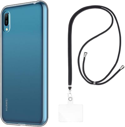Set met hoesje en nekband voor huawei y6 2019 / y6 pro 2019 / y6 prime 2019 - Flexibele, transparante TPU-bescherming, verstelbare universele nekband voor mobiele telefoons, zwarte nekband, transparante draagriem van Phonillico®