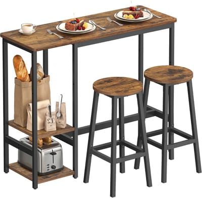 Bartafelset met 2 Krukken – 3-Delige Keukentafelset met Opbergplanken – Industrieel Design – Rustiek Bruin/Zwart
