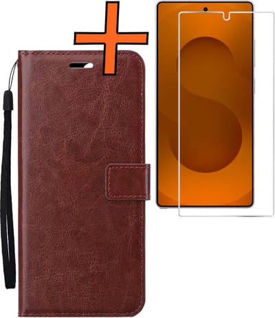 Hoes - Met Screenprotector - Geschikt voor Samsung Galaxy S25 Ultra - Luxe Pasjeshouder - Bookcase Portemonee - Flip Case - Kunstleer Book Case - Flipcase - Book Cover - Walletcase - PortemonneeHoes - Bruin