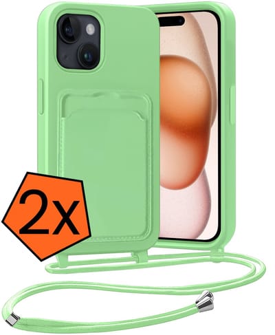 Hoesje Geschikt voor iPhone 15 Plus Hoesje Met Telefoonketting Pasjeshouder Case Koord - Hoesje Geschikt voor iPhone 15 Plus Hoes Met Kaarthouder - Groen - 2 PACK