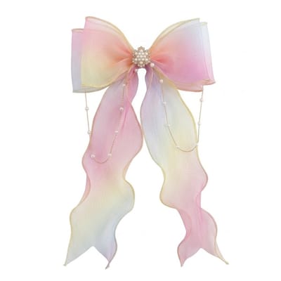 Pastel multicolor haarstrik – grote glanzende strik haarclip voor dames en meisjes – transparante lint strik met goudaccent en pareldetails – decoratieve haarspeld