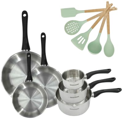 Set van 3 pannen 20/24/28 cm van roestvrij staal en 3 steelpannen 12/16/20 cm Fackelmann Geneva met 5 keukengerei