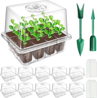 Famanu Kamerbroeikas, kweekbak, 10 stuks, 120 cellen, mini-broeikas, kweekset met verhoogd deksel, zaailingen, starter, trays, kweekschaal met deksel voor planten, transparant