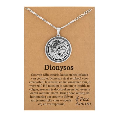 Griekse God Dionysos Ketting op Cadeau Kaartje - Zilverkleurige Mythologie Talisman - Roestvrij Staal - 60cm - Pax Amare