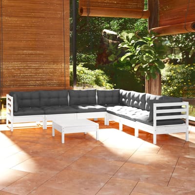 vidaXL - 8-delige - Loungeset - met - kussens - massief - grenenhout - wit