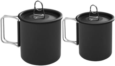 Campingbekers Titanium Aluminium - Outdoor Mokken - Buiten Koken - Inklapbare Handgreep - Set van 2 - Zwart