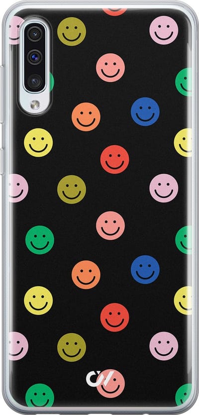 Hoesje geschikt voor Samsung Galaxy A50 - Retro Smileys - - Zwart - Soft Case Telefoonhoesje - TPU Back Cover - Casevibes
