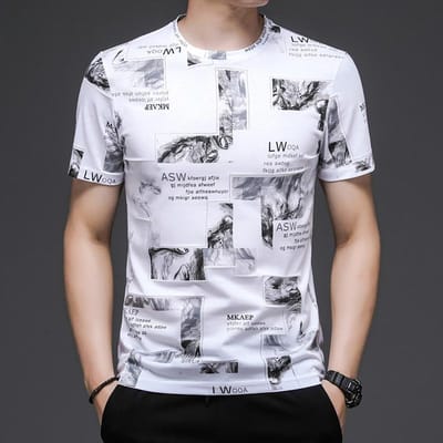 Nouveau T-shirt à Manches Courtes pour Jeunes Hommes Mode Style Coréen Décontracté Manches Courtes Été Col Rond T-shirt Imprimé pour Hommes XXXL white