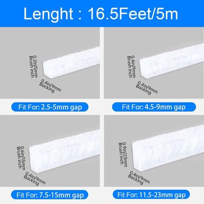 Tochtstrip voor deurramen, 10 meter (L) x 9 mm (B) x 5 mm (T), zelfklevende borstel, weerstrippen, afdichtingsstrip, luchtstopper voor schuiven/buitendeur, wit