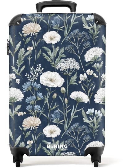 NoBoringSuitcases.com - Koffer - Bloemen patroon blauw - Past binnen 55x40x20 cm en 55x35x25 cm - Trolley handbagage - Valiezen met wieltjes volwassenen - Reiskoffer op wielen - Rolkoffer lichtgewicht