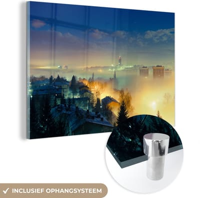 ® Glasschilderij 180x120 cm - Schilderij acrylglas - Mistig straatbeeld van Sarajevo in Bosnië en Herzegovina - Foto op glas - Muurdecoratie woonkamer - Wanddecoratie slaapkamer - Schilderijen
