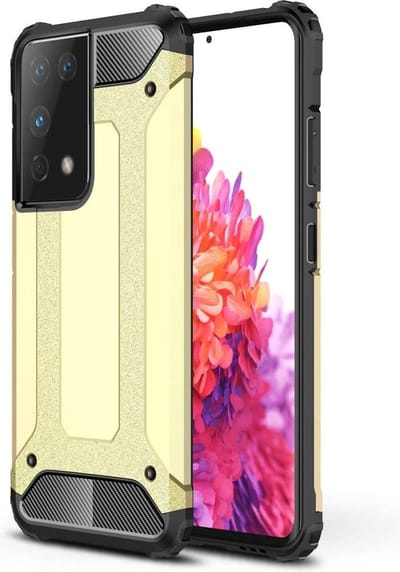 Schokbestendig Heavy Duty Hoesje Geschikt voor: Samsung Galaxy S21 Ultra Shock Proof Hybride - Back Cover - Dual Layer Armor Case - Extra Stevig - Goud