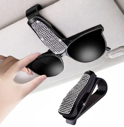Clip-on Zonnebrilhouder Auto – Zonneklep Brilhouder met Witte Kristallen – Luxe Brilhouder voor Auto – Opbergclip voor Zonnebril, Leesbril & Kaarten – Auto Interieur Accessoire