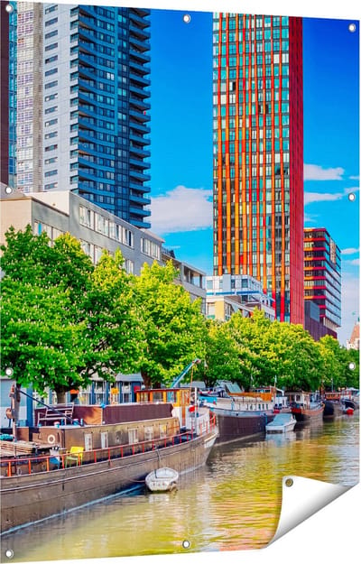 Gards Tuinposter Rotterdamse Gracht met Boten - 90x120 cm - Tuindoek - Tuindecoratie - Wanddecoratie buiten - Tuinschilderij