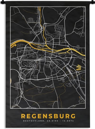 Wandkleed - Wanddoek - Black and Gold – Stadskaart – Regensburg – Duitsland – Plattegrond – Kaart - 120x180 cm - Wandtapijt