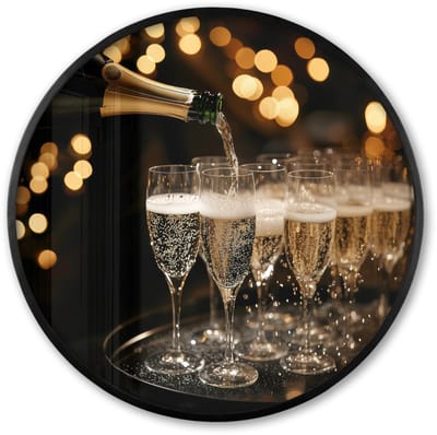 Poster in lijst Rond - Fotolijst 60x60 cm - Posters - Lichtjes - Champagne - Dienblad - Glazen - Ronde posterlijst zwart - Decoratie - Wanddecoratie woonkamer - Muurdecoratie slaapkamer