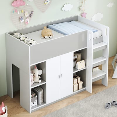 DESMIU Hoogslaper 90 x 200 cm - Kinderbed met trap en opbergruimte - Met kast en open planken - Voor kinderkamer - Massief hout - Grijs - Zonder matras