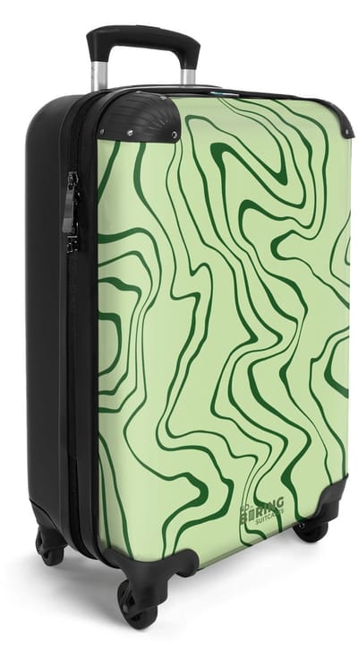 NoBoringSuitcases.com® - Handbagage koffer lichtgewicht - Reiskoffer trolley voor reizen - Groen met abstracte donkergroene lijnen - Cabine rolkoffer met wieltjes - Travel luggage - Hardcase valies klein - Past binnen 55x40x20 en 55x35x25