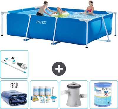 Intex Rechthoekig Frame Zwembad - 300 x 200 x 75 cm - Blauw - Inclusief Solarzeil - Onderhoudspakket - Zwembadfilterpomp - Filter - Stofzuiger - 6-delig
