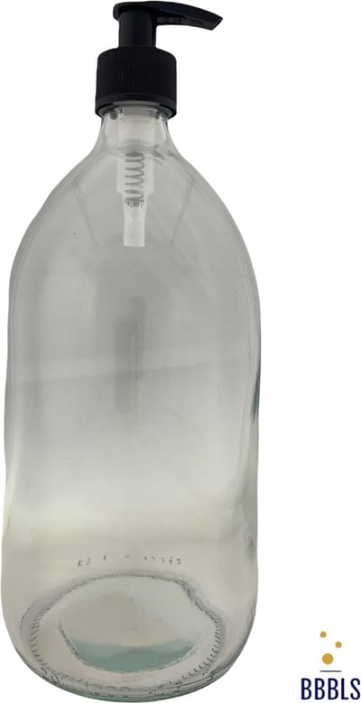 BBBLS® Design Dispenser "Blanco" | Transparant Glas | 1 liter | Kunststof Pomp Zwart | Zeeppomp | Zeepdispenser | Zeephouder