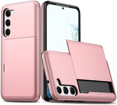 Hoesje met Kaarthouder Slider Geschikt voor Samsung Galaxy S23 Plus | Pasjeshouder Achterkant | Kaarthouder voor twee á drie pasjes | Roze Goud