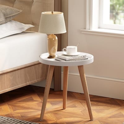 Bijzettafel Rond - Banktafel Nachtkastje - Woonkamer Slaapkamer - Beschermrand Massief Hout - Ø 38 cm - Wit Naturel