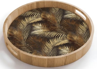 Dienblad rond 40x40 cm - Schootdienblad hout - Tropisch - Bladeren - Goud - Borrelplank rechthoek - Plateau houten dienbladen