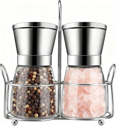 longziming - Zout- en Pepermolen Set Met Stand - 2 stuks - 180ml Zout En Pepermolen - Glas Roestvrijstaal Met Keramische Grinder - Verstelbaar Kookaccessoires Voor Zout Peper Kruiden En Specerijen