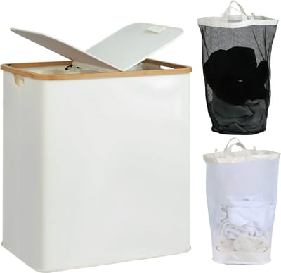 JCP® Wasmand - 140L - Wasmand 2 Vakken - Wasmand met Deksel - Beige - 57cm x 37cm x 66cm