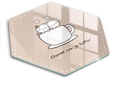 Wallfluent Glazen Snijplanken - Motief: Lekker kopje koffie! Snijplanken Glas - h40 cm - Beige Snijplanken van Glas - Glazen Serveerplank - Glazen Snijplank Voor Keuken - Antislip Glazen Snijplank